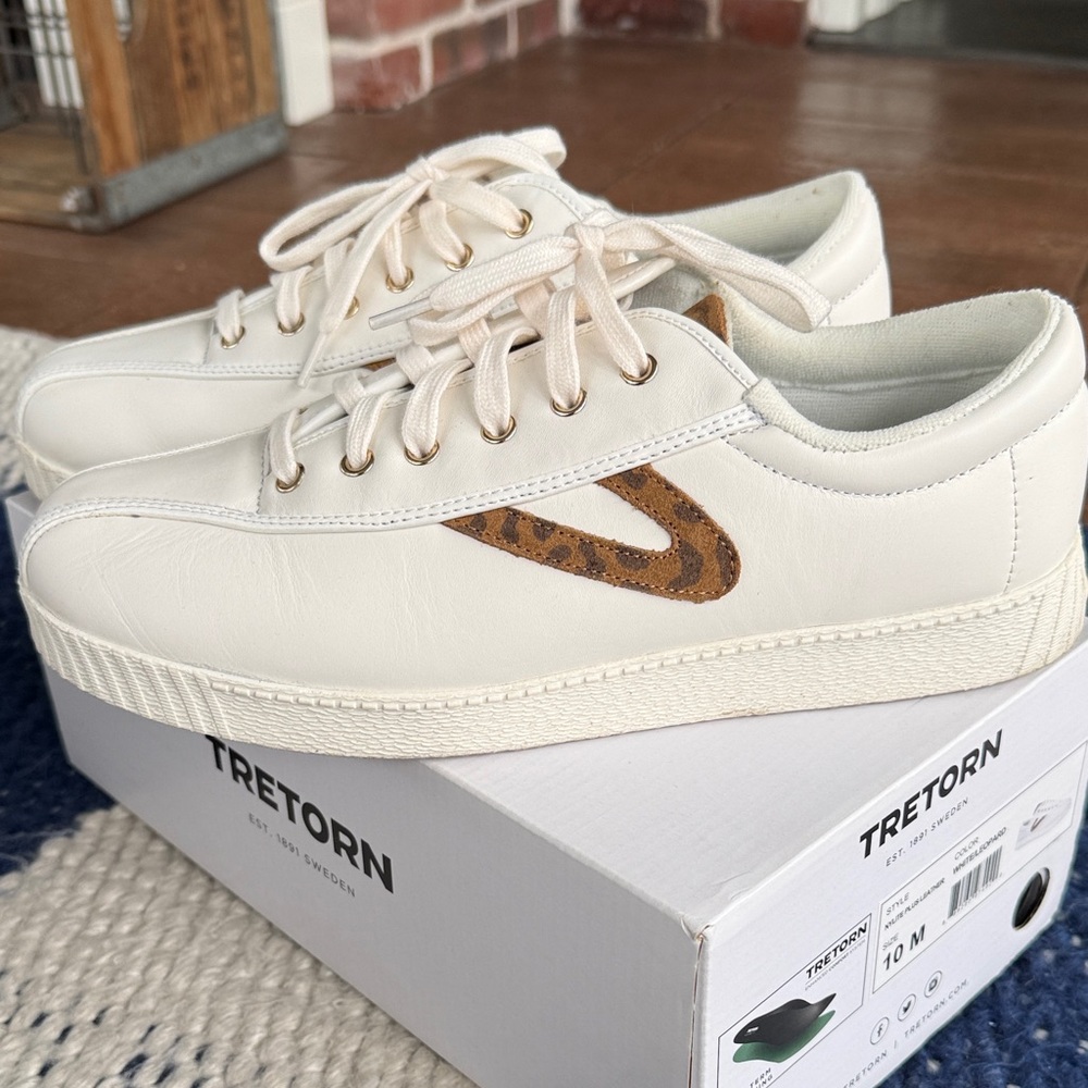 Tretorn Leather White Sneakers with Leopard Detail